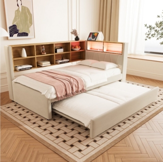 Furnishings Home Polsterbett Ausziehbett Daybett Tagesbett (Mit USB + Type-C + Stecker), Schlafsofa, Mit Unterbett, 90x200 cm + 90x190 cm, Nachttisch, Samt