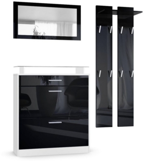 Vladon Garderobe Loret mini, Garderobenset bestehend aus 1 Schuhschrank, 1 Wandspiegel und 2 Garderobenpaneele, Weiß matt/Schwarz Hochglanz