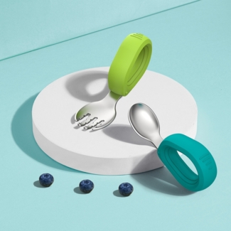 Babygeschirr-Set aus Edelstahl 316, bestehend aus Babylöffel und -gabel, Silikon-Löffel- und -Gabelset mit kurzem Griff und Aufbewahrungsbox – Blau + Grün