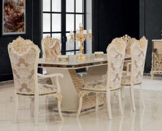 Casa Padrino Luxus Barock Esszimmer Set Weiß / Gold - 1 Barock Esstisch & 6 Barock Esszimmerstühle - Luxus Esszimmer Möbel im Barockstil - Barock Möbel - Edel & Prunkvoll