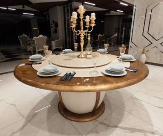 Casa Padrino Luxus Barock Esstisch Cremefarben / Gold - Runder Massivholz Esszimmertisch mit drehbarem Mittelteil - Edle Barock Hotel & Restaurant Möbel