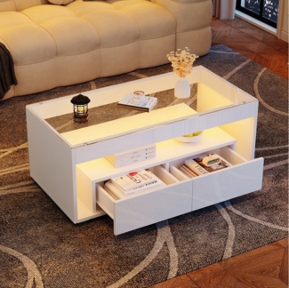 OKWISH Couchtisch mit 16-farbigem LED-Licht (Satztisch, Wohnzimmertisch, Beistelltisch, 1-St, 2 großen Schubladen), doppelschichtiges Design