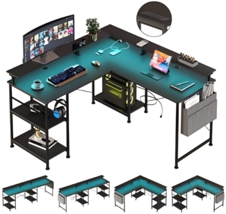 BBWL Computertisch L-förmiger Gaming-Schreibtisch mit LED, Steckdose, Monitorständer, 140 x 140 x 85 cm,mit Ablagefach, langer 2-Personen-Schreibtisch