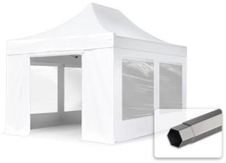3x4,5 m Faltpavillon, PREMIUM Stahl 40mm, feuersicher, Seitenteile mit Panoramafenstern, weiß