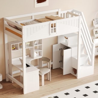 Hochbett 90x200 cm mit Leiter & Stauraum – Massivholz Kinderbett mit Geländer und Fensterdesign, platzsparend in Weiß