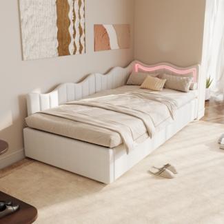 Bett mit LED-Licht 90 x 200 cm, Schlafsofa mit LED-Beleuchtung, Polsterbett 90 x 200 cm mit Stauraum, Plschveloursstoff, Einzelbett mit LED-Lichtern, Jugendbett