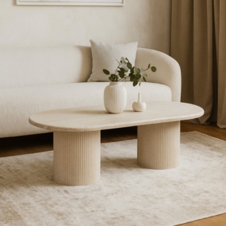 alesvelt Couchtisch ovale Trivento Travertin-Tischplatte Tischbeine im Säulenstil modern (1 Tisch), 130x70x45 cm, Travertin-Tischplatte