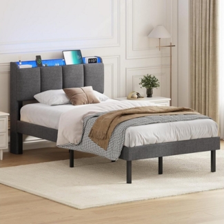 MSMASK Polsterbett Jugendbett mit LED-Beleuchtung und Ladestation (1-tlg, Ohne Matratze), Dimmbare Farben, Bettrahmen 90x200 cm