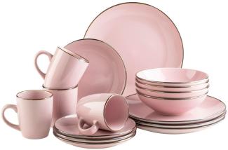 Modernes Geschirr Set fr 4 Personen mit messingfarbenem Rand, 16-teiliges Kombiservice mit randlosen Coupe-Formen; Rosa