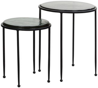 Beistelltisch 2er Set Grün Schwarz Design Satztisch Glas Metall Rund, Wohnzim...