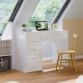 Bellamio 'Livny' Schreibtisch mit 5 Schubladen, beidseitig montierbar, weiß Hochglanz, 75x53x110 cm, Computertisch mit Stauraum, Bürotisch mit goldenen Griffen, geeignet als Schminktisch
