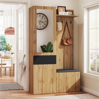 Merax Garderoben-Set mit Spiegel, 5 Haken und Schuhschrank, (Garderobenkombination in Holzoptik mit Schwarz, 1-St), Flurgarderobe mit Sitzbank,Ablagefächern & Einbauschrank,98.5x38x191cm