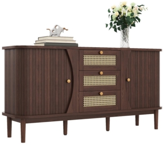 HAUSS SPOLE Sideboard Rattanschrank mit 3 Schubladen, Kommode mit Schiebetüren Holzfarbe (Kommode, Anrichte, Wohnzimmerschrank, Highboard, 1 St, 2 Türen, 3 Schubladen), mit Abgerundete Kanten