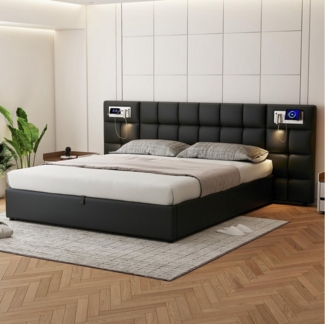STILVORA Polsterbett 180x200 Bettgestelle Stauraumbett mit USB port und Lampe,Doppelbett (Hydraulikbett mit Stauraum,Holzlattenunterstützung, 1-tlg, 180 x 200 cm, ohne Matratze, PU, Schwarz), mit USB-Anschluss, Wireless Charging, Beleuchtete Lampe