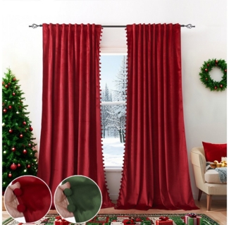 BTTO V&G Gardine Verdunkelungsvorhang,Weihnachtsvorhänge,Samtvorhänge mit Pompons (2 St), abdunkelnd, Thermogardine Gardinen Blickdicht für Schlafzimmer Wohnzimmer