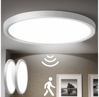 Oraymin LED Deckenleuchte Deckenlampe mit Bewegungsmelder Rund Flach Sensor Leuchte 4000K 2PCS, IP20, LED fest integriert, Tageslichtweiß, für Schlafzimmer, Flur, Balkon,2400LM, Weiße runde Deckenlampe