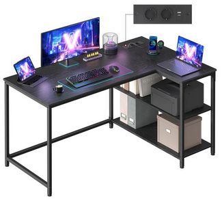 VASAGLE Schreibtisch mit Stauraum, L-Form Computertisch, höhenverstellbare Ablage, Büro, mit Ladestation, 120 x 80 cm, schwarz