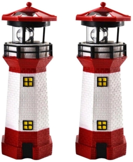 HAC24 LED Solarleuchte 2x Solar Leuchtturm Garten Deko Leuchtfeuer Gartendekoration, LED fest integriert, 28 cm, Rot Weiß, Mit Dämmerungssensor