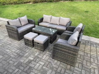 Fimous 9-Sitzer Dunkelgrau PE Wicker Rattan Gartenmöbel Set Liegestuhl Liebe Sitz 3-Sitzer Sofa Set Outdoor Rechteckige Couchtisch Hocker