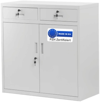 Metallschrank klein VERSI - Schubladen, Flügeltüren | Aktenschrank abschließbar Büroschrank Stahl Mehrzweckschrank Werkstatt Werkzeugschrank, 90x90x40cm Grau