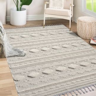Teppich Wohnzimmer - Geometrische Muster - 140x200cm - Creme - Fransen Deko Boho Flauschig - Cut & Loop Sisal - Schlafzimmer Flur Dekoration Läufer