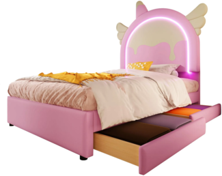 Prinzessinbett mit LED-Beleuchtung, Kopfteil und Schubladen, 90x200cm, Mädchenbett, Polsterbett für Mädchen, Einzelbett, Kunstleder