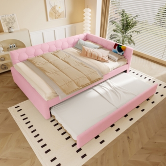 Merax Daybett, Kinderbett, Doppelbett, 140*200cm Tagesbett, Schlafsofa, (ohne Matratze), mit Nachttischlampe, mit multifunktionalem Ausziehbett, USB-Anschluss, Typ-C, Vliesimitat, Rosa