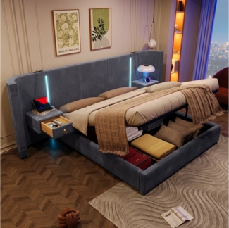 Flieks Polsterbett, Hydraulisches Stauraumbett 180x200cm mit Led, 2 Nachttischen, Aufladen