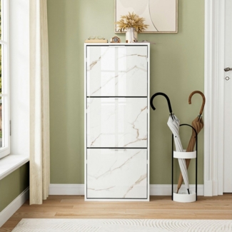 UEV Schuhschrank mit 3/4 Klappen Schuhkipper Schuhregal hochglanz Marmormuster (Aufbewahrungsschrank Schuhständerregal Schuhkommode, Anti-Kipp-Vorrichtung Platzsparend Flur schrank hoch) Trennwände verstellbar und abnehmbar für verschiedene Schuhtypen