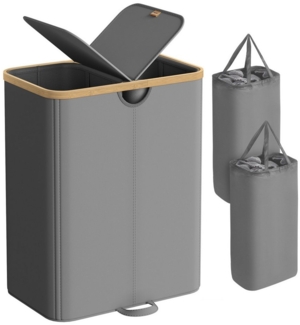 SONGMICS Wäschekorb 2 Fächer, Wäschesammler, 150 Liter, Wäschesortierer mit Deckel, Wäschetonne, Wäschesäcke herausnehmbar, für Waschküche, Schlafzimmer, Wohnzimmer, schiefergrau-naturbeige