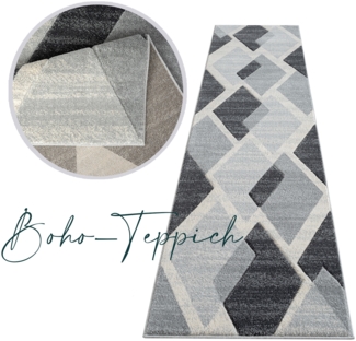 Teppich Läufer Kurzflor Beige Grau - 80x300cm - Boho Karo Muster Modern Skandinavisch Wohnteppich Schlafzimmer
