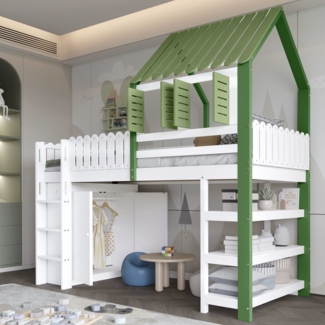 Hochbett Kleiderschrank und Bücherregal (90x200 cm) Kinderbett mit Lattenrost, Rausfallschutz und Trittleiter, Jugendbett, Kiefer