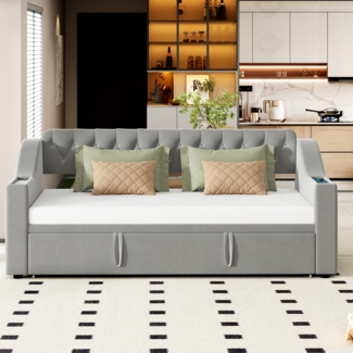 Ausziehbett 90/180×190 cm aus Samt mit Stauraum und USB- und Type-C-Anschlüssen, mit Lattenrost