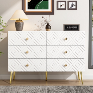 Merax 120cm Sideboard, 6-Schubladen-Kommode – Elegantes Weiß mit Gold – Metallbeine für Stabilität