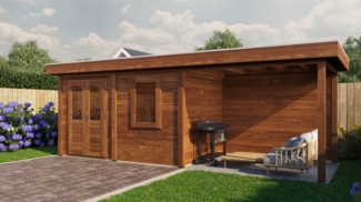 Lugarde Select Modern Gartenhaus mit Vordach Rostock 388x250cm + 300cm - Braunes Öl