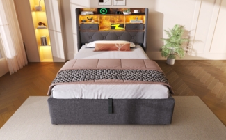 Polsterbett 90x200 cm mit hydraulischem Bettkasten, LED-Kopfteil und Ladestationen, grauer Leinenstoff,Es gibt eine Matratze.