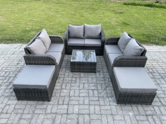 Fimous 8-Sitzer Hoher Rücken Polyrattan Gartenmöbel Set mit Quadratischer Couchtisch 2 hohen Hockern Love Sofa Garten Lounge Set Dunkelgrau Gemischt