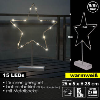 LED Tischleuchte Stern Metall 38cm Lichterstern Batterie Timer Indoor Advent