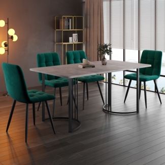 Essgruppe 5-teilig mit Marmor-Look Tisch 140×80 cm & 4 Grün Samtstühlen,ergonomisch, ideal für Küche und Esszimmer