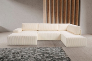 WERK2 Wohnlandschaft Rotterdam-U, U-Form, in kuschelweichem Cord oder Breitcord, Design Sofa mit Schlaffunktion & Bettkasten, Breitcord, Creme