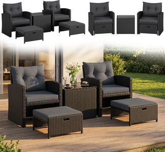 STEELSØN 'Selaria' Polyrattan Sitzgarnitur 5-tlg, Gartenmöbel Set aus 2 Stühlen, 2 Sitzhocker und Tisch, Sitzgruppe inkl. Kissen, schwarz, wetterfest für 4 Personen
