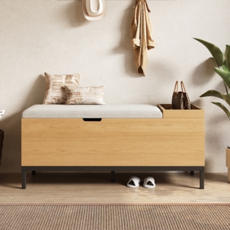 Aufbewahrungsbank Sitzbank Schuhbank mit Stauraum Natural Holzoptik hellgrauer Stoffbezug robuster Flurhocker multifunktional als Sitzmöbel und Aufbewahrung für Spielzeug Schuhe Decken ideal für Flur Wohnzimmer Schlafzimmer, 49.5cmx40cmx115cm, Natur
