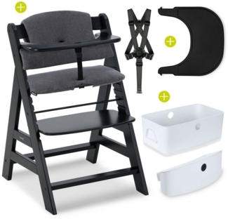 Hauck Hochstuhl Alpha Plus Black (Set), Kinderhochstuhl mit Essbrett Click Tray, Sitzkissen & Aufbewahrungsbox