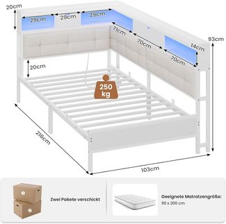 MSMASK Daybett Polsterbett Jugendbett mit LED-Beleuchtung und USB-Ladestation, Bettgestell mit Lattenrost aus Metall, 90 x 200 cm