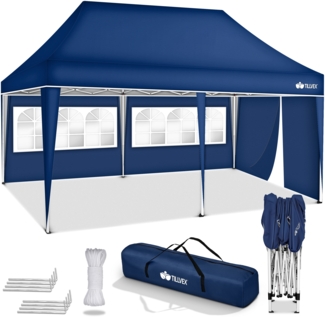 tillvex Pavillon 3x6m - mit 3 Seitenwänden Blau wasserdicht | Pop-Up Faltpavillon höhenverstellbar | Gartenzelt UV Schutz 50+ | Partyzelt mit Tasche für Garten