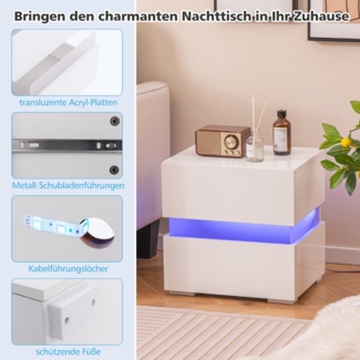 LED Nachttisch mit 2 Schubladen & Fernbedienung & Dynamisch 45 x 35 x 45 cm Weiß