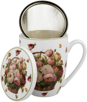 DUO Becher 360 ml BASKET OF FLOWERS PEONIES mit Teesieb, New Bone China Porzellan