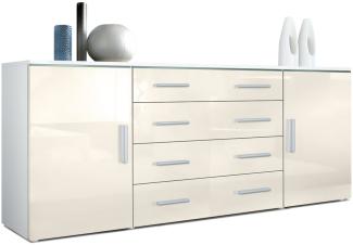 Vladon Sideboard Faro V2, Kommode mit 2 Türen und 4 Schubladen, Weiß matt/Creme Hochglanz (166 x 72 x 35 cm)