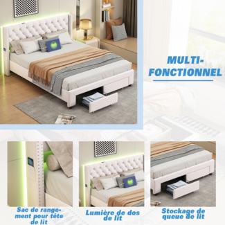 Doppelbett 140x190 cm mit LED-Beleuchtung und USB-Anschluss, Polsterbett mit Lattenrost und Kopfteil, für Erwachsene und Jugendliche, Velours, Beige