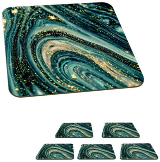 MuchoWow Glasuntersetzer Marmoroptik - Luxus - Gold - Türkis - Glitzer, Zubehör für Gläser, 6-tlg, Tassenuntersetzer Kork, Quadrat, Untersetzer Set Gläser, 10x10 cm